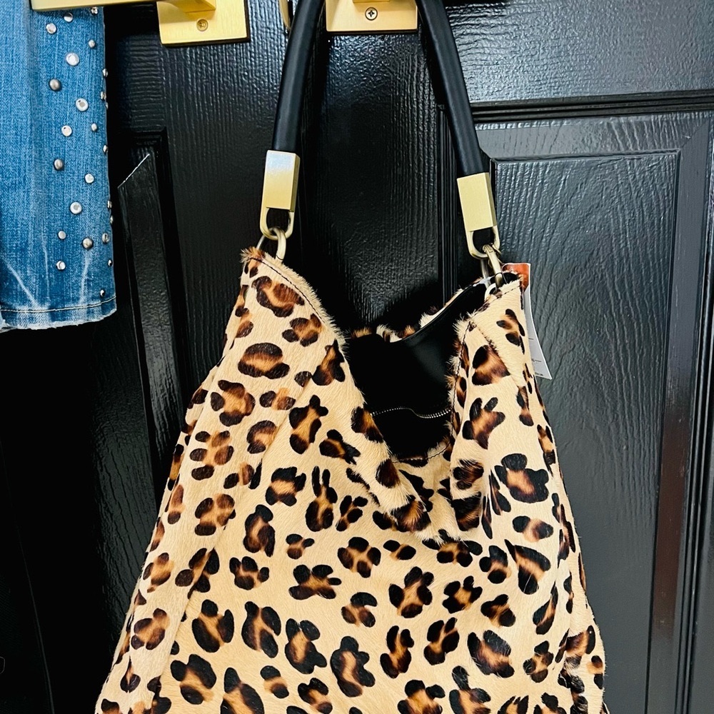 Brown and Black Leather Hobo Bag with Leopard Print
